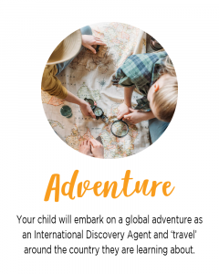 Your child will embark on a global adventure as an International Discovery Agent and ‘travel’ around the country they are learning about.